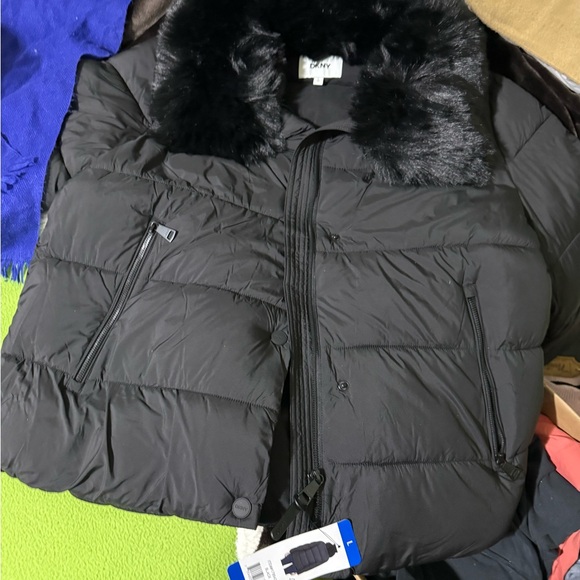 DKNY Charcoal Puffer Jacket with Plush Fur Trim - Picture 2 of 5